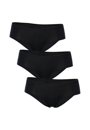 Tre mutandine nere senza cuciture in stile hipster da donna impilate verticalmente su uno sfondo bianco.