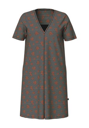 Kortærmet kjole i sort med hvide striber og rødt blomstermønster, med v-udskæring og afslappet pasform. Fremstillet af letvægtsstof.