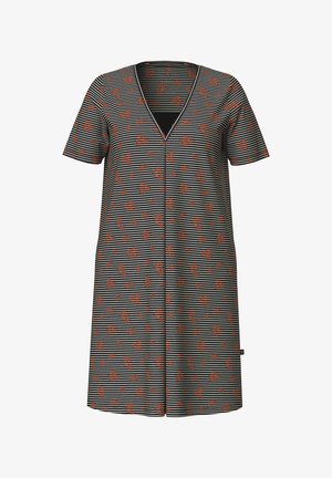 Kurzarmkleid in Schwarz mit weißen Streifen und rotem Blumenmuster, mit V-Ausschnitt und lässiger Passform. Hergestellt aus leichtem Stoff.