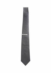 Gray tie with a herringbone pattern, featuring a sleek silver tie clip. The design is slim and pointed at the end, made of smooth fabric.