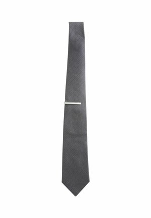 Gray tie with a herringbone pattern, featuring a sleek silver tie clip. The design is slim and pointed at the end, made of smooth fabric.