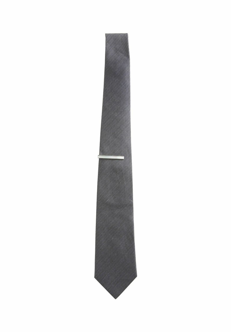 Gray tie with a herringbone pattern, featuring a sleek silver tie clip. The design is slim and pointed at the end, made of smooth fabric.