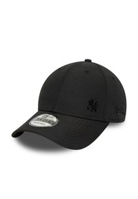 Casquette de baseball noire en tissu avec une visière incurvée. Dotée d'un logo brodé en noir et d'une sangle ajustable à l'arrière.