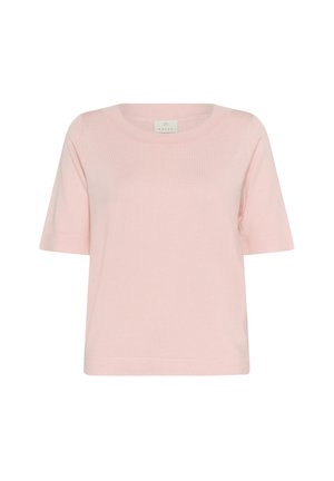 Top rose à manches courtes avec un col rond, fabriqué en tissu doux. Présente une coupe décontractée et une texture subtile sur l'ensemble. Pas de motifs ni d'accents visibles.