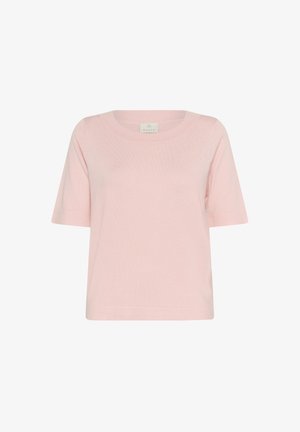 Roze T-shirt met korte mouwen en een ronde hals, gemaakt van zachte stof. Heeft een relaxte pasvorm en een subtiele textuur over het gehele oppervlak. Geen zichtbare patronen of accenten.