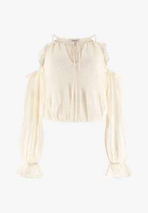 Off-White langärmliges Crop-Top mit Cutouts an den Schultern, gerafftem Oberteil, Bindedetail am Ausschnitt und Volantärmeln mit Lochstickereien.