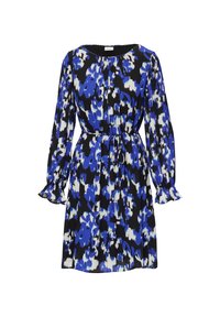 Zwart lange mouwen jurk met een blauw en wit abstract patroon. Beschikt over een ronde halslijn en een strikband in de taille, met ruches aan de mouwranden.