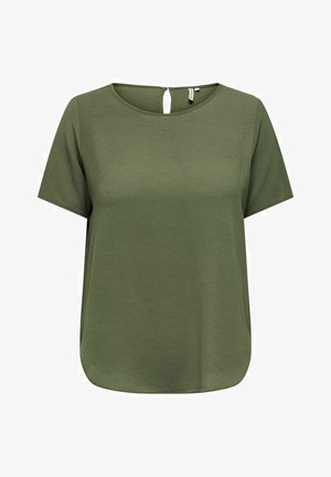 Korte mouwen olijfgroene blouse met ronde halslijn en kleine sierritsluiting aan de achterkant.
