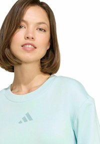 Felpa azzurra chiara con scollo rotondo, realizzata in tessuto morbido. Presenta un logo sottile in blu scuro sul petto.