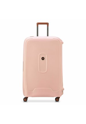 Pink hard-shell suitcase with a textured finish, horizontal line pattern, retractable handle, and four spinner wheels.