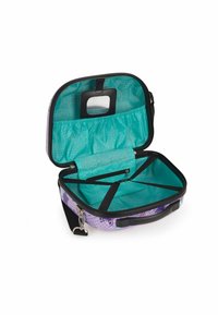 Borsa rigida viola con un interno turchese brillante, dotata di tasche elastiche, manico e spallacci regolabili per un'immagazzinamento sicuro.