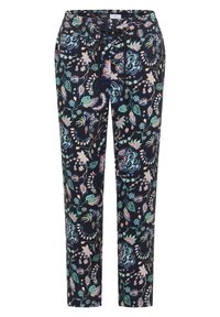 Slim fit dark pants with multicolored floral and leaf patterns, elastic waistband, and black drawstring tie closure at front.