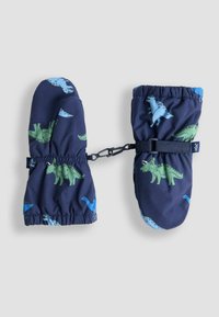 Granatowe dziecięce rękawice z elastycznymi mankietami, w nadruki dinozaurów, z łączącym klipsem między parami, ułożone na szarym tle.