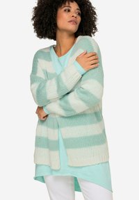 Cardigan leggero a righe verde menta e bianco. Morbido motivo a maglia spessa con maniche lunghe e design aperto davanti.