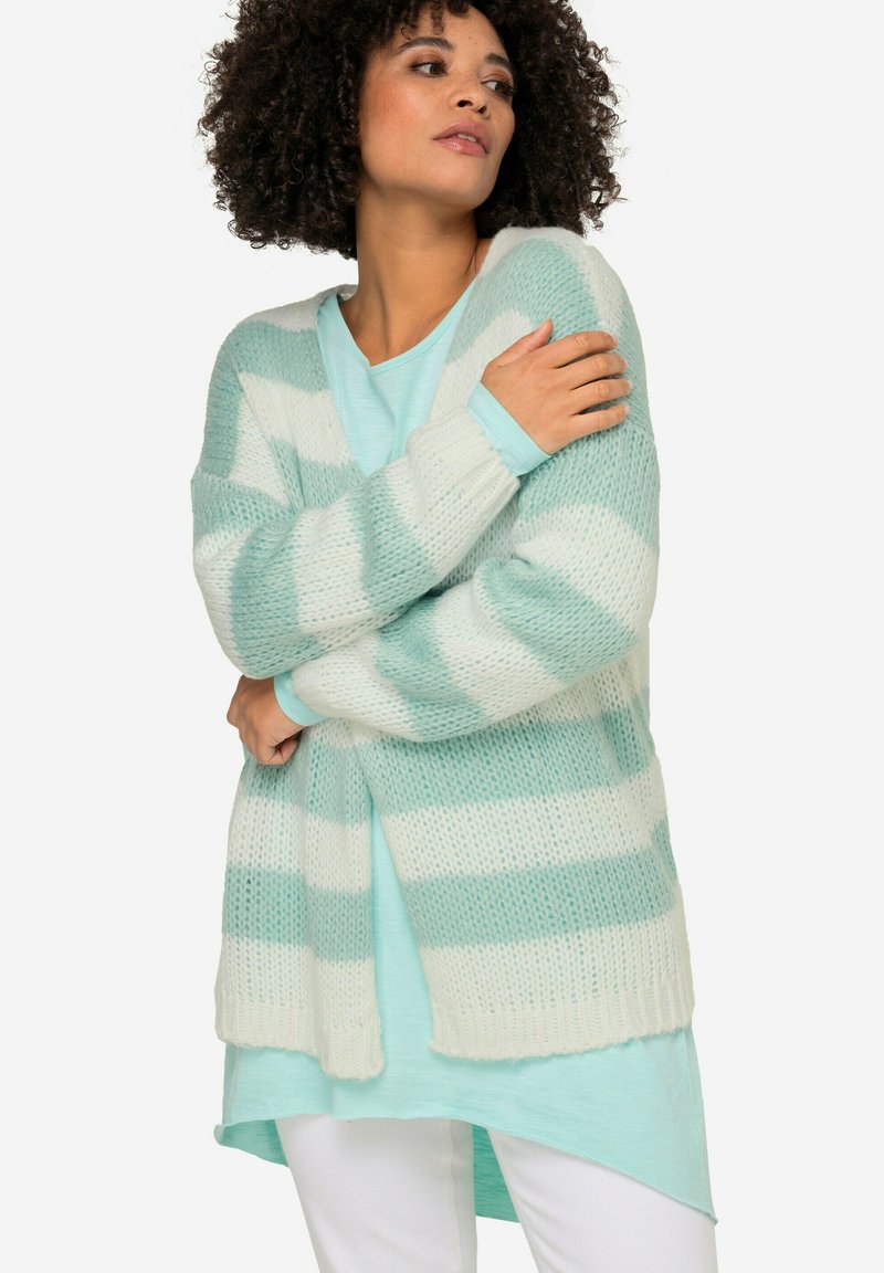 Cardigan leggero a righe verde menta e bianco. Morbido motivo a maglia spessa con maniche lunghe e design aperto davanti.