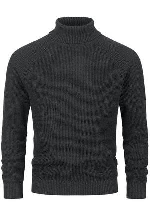 Maglione a collo alto grigio scuro con una texture a coste, maniche lunghe e design aderente. Presenta un colletto e polsini a coste. Materiale morbido.