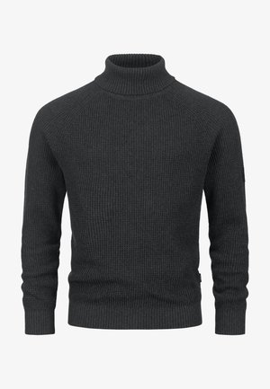 Mørkegrå rullekravesweater med ribbet tekstur, lange ærmer og en tætsiddende pasform. Har en ribbet krave og manchetter. Blødt materiale.