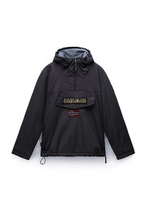 Black pullover jacket with a hood, mid-length sleeves, front pocket, drawstring hem, and Norwegian flag patch on the chest.