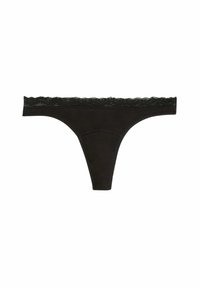 Schwarze Stringunterwäsche mit einer Spitzenbesatz am Bund, weichem Stoff, minimalistischem Design und einer dünnen, länglichen Form.
