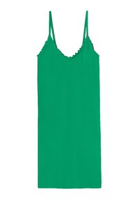 Abito verde senza maniche con spalline sottili, scollatura a V e bordo arricciato. Tessuto morbido, lunghezza al ginocchio con un design semplice.