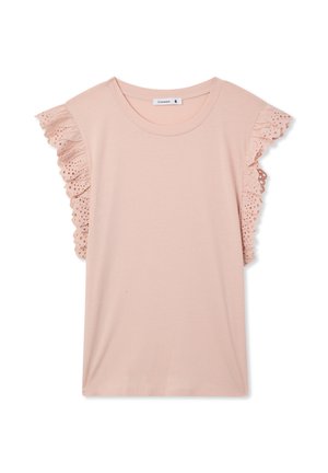 Jasnoróżowa koszulka z krótkim rękawem, ozdobiona koronkowymi falbanami na ramionach i okrągłym dekoltem. Wykonana z miękkiego materiału, o casualowym designie.