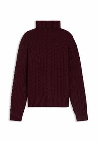 Bordeaux gebreide trui met een hoge, geribbelde kraag, een gestructureerd kabelpatroon, en geribbelde manchetten en zoom. Zacht, dik materiaal voor warmte.