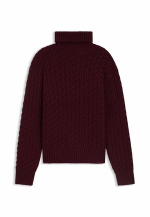 Maglione a maglia bordeaux con colletto alto a costine, motivo a trecce testurizzato e polsini e orlo a costine. Tessuto morbido e spesso per il calore.
