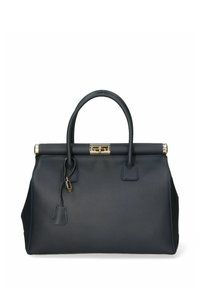 Borsa in pelle blu navy con forma strutturata, manici corti e chiusura dorata. Texture liscia con un dettaglio di etichetta con serratura su un lato.