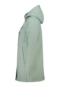 Lichtgroene regenjas met een capuchon, met een rechte snit, twee zijzakken en een gladde, waterdichte stofafwerking.