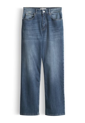 Blue straight-leg denim jeans with five pockets, button closure, and faded detailing on front thighs.
