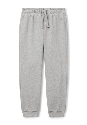 Pantalon de survêtement gris clair avec taille élastique, cordon de serrage, poches latérales et bords côtelés aux chevilles.