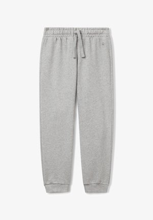 Lichtgrijze trainingsbroek met elastische tailleband, trekkoord, zijzakken en geribbelde boorden bij de enkels.