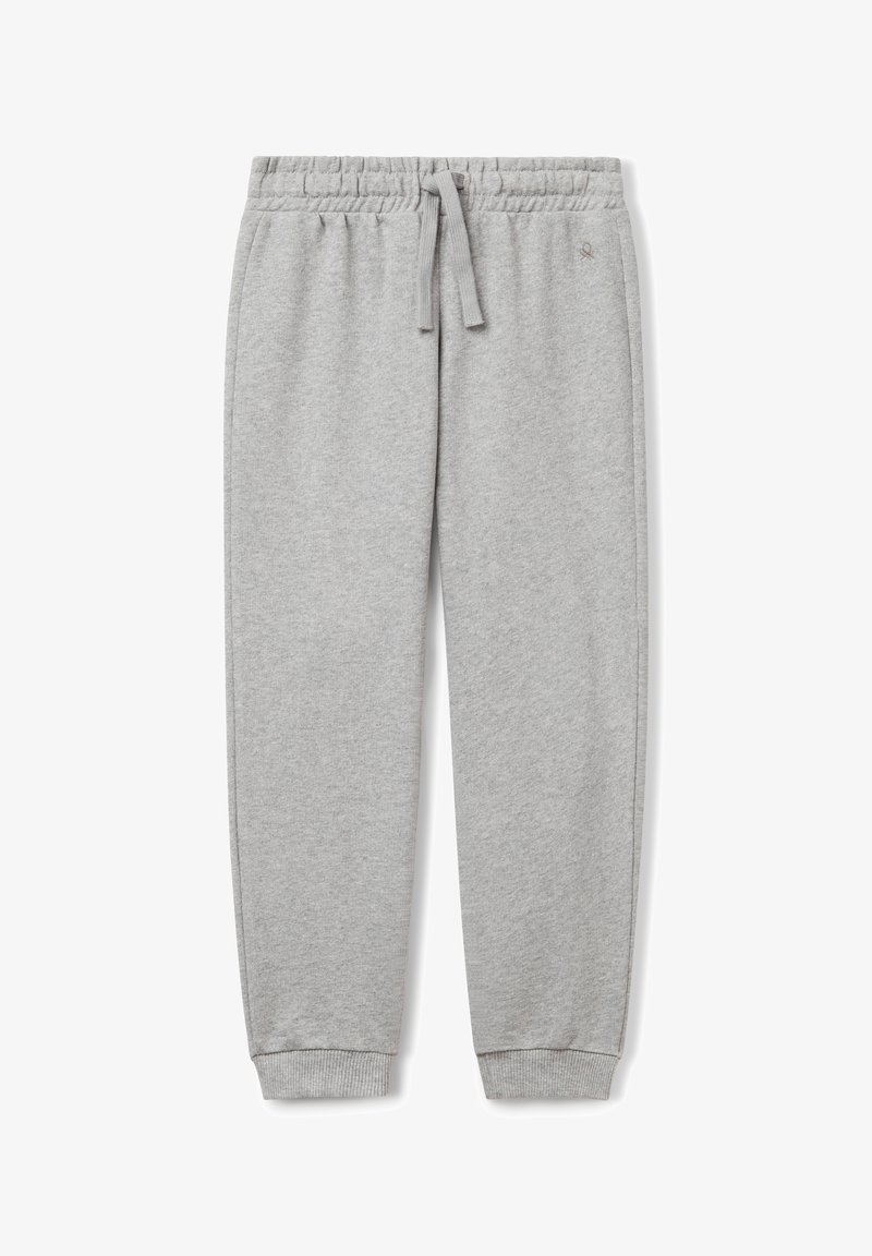 Pantaloni sportivi grigi chiari con vita elastica, cordino, tasche laterali e polsini a costina alle caviglie.