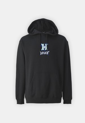 Black cotton hoodie with a front pocket, featuring a multicolored graphic logo in blue and white at the chest. Adjustable drawstring hood.