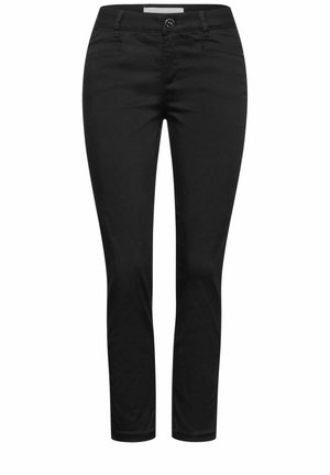 Pantalon noir slim fit avec bouton devant, fermeture éclair et poches latérales, présenté sur fond blanc.