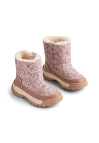 Stövlar med övre i rosa blommigt tyg, krämfärgad fuskpälsfoder och beige gummisula. Har en höjd till mitten av vaden och texturerade detaljer.