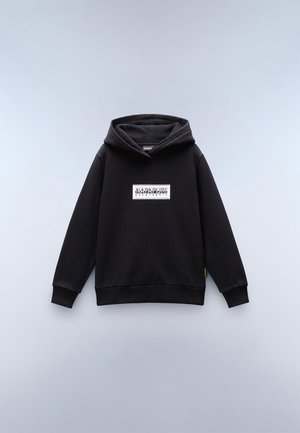 Czarna bluza z kapturem wykonana z miękkiego materiału, z wyraźną białą naszywką z logo z przodu oraz ściągaczami przy rękawach i dolnym wykończeniu.