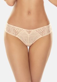 Spitzen-Bikiniunterwäsche in Nude-Farbe mit Blumenmuster, ausgestattet mit einem durchsichtigen Vorderteil und zarten akzentuierenden Beschlägen in der Mitte.