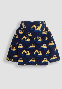Felpa con cappuccio navy in pile decorata con motivi di escavatori gialli e blu, dotata di cappuccio e tessuto morbido e texture per calore e comfort.