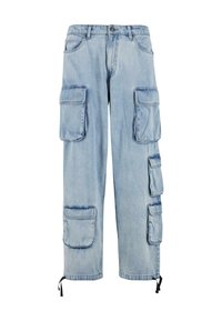 Lyseblå denim cargo bukser med flere sidelommer, en afslappet pasform, snøre i bunden og en simpel knaplukning.