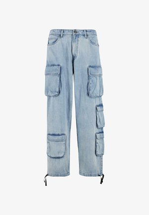 Svetlomodré denimové cargo nohavice s viacerými bočnými vreckami, voľným strihom, sťahovacími lemami a jednoduchým gombíkovým zapínaním.
