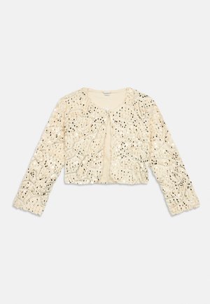 Veste courte beige à manches longues avec des motifs floraux abstraits en sequins et un crochet unique à la nuque.
