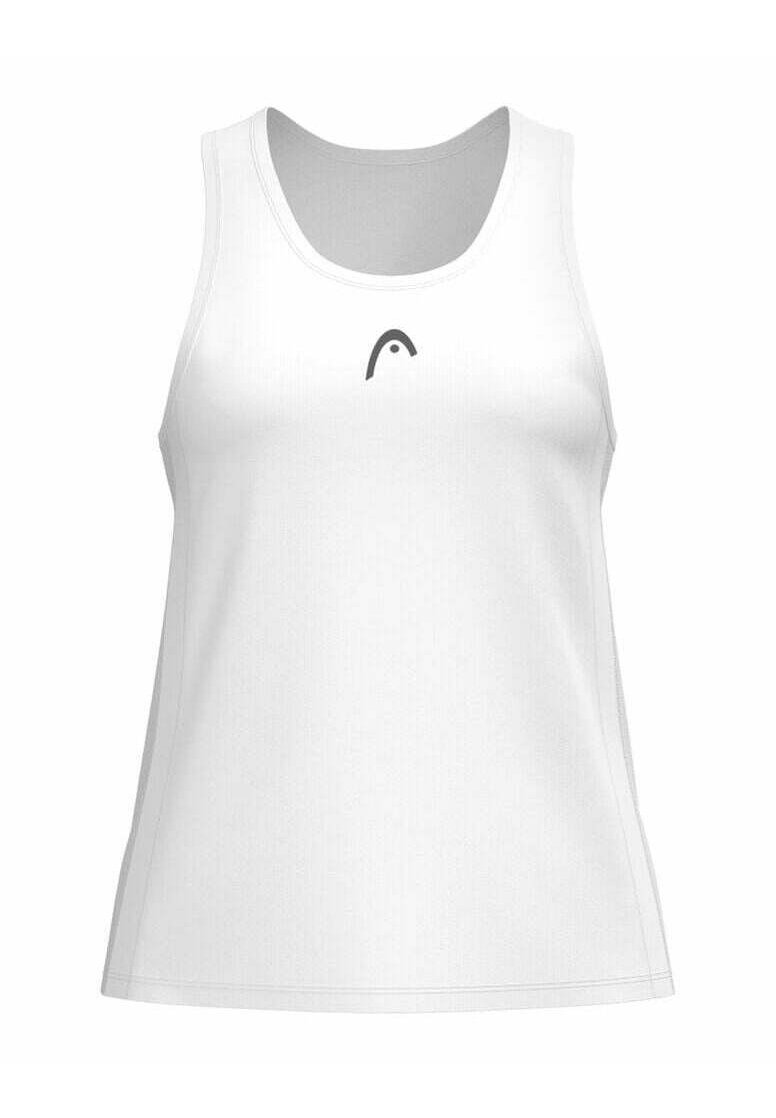 Witte tanktop van lichtgewicht stof, met een gebogen logo in het grijs aan de voorkant. Eenvoudig ontwerp met een ronde halslijn en zonder mouwen.