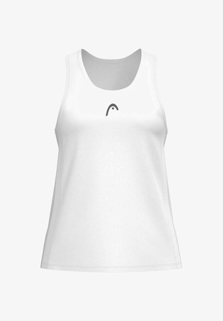 Weißes Tanktop aus leichtem Material, mit einem geschwungenen grauen Logo auf der Vorderseite. Einfaches Design mit einem Rundhalsausschnitt und ohne Ärmel.