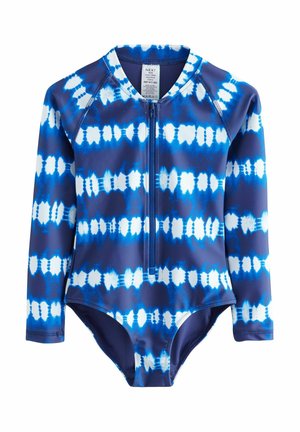Kupanje odijelo s dugim rukavima, plavi tie-dye uzorak s bijelim šarama, s prednjim patentnim zatvaračem, izrađeno od rastezljivog, brzo sušećeg materijala.