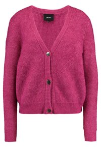 Cardigan tricoté fuchsia à manches longues, col en V, trois boutons argentés, avec poignets et ourlet côtelés.