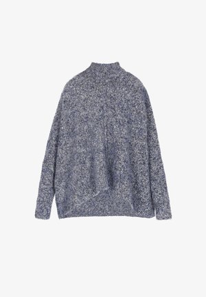 Lässiger, langärmeliger, hochgeschlossener Strickpullover in einem blau-grauen Melange-Muster mit leicht abgerundetem Saum.