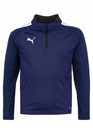 Dunkelblaues Langarm-Pullover mit Viertelreißverschluss. Verfügt über einen schwarzen Kragen, weiße Schulterstreifen und ein weißes Puma-Logo auf der Brust.