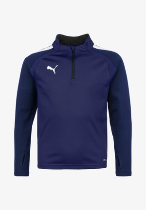 Pullover blu navy a maniche lunghe con zip a quarto. Presenta un collare nero, strisce bianche sulle spalle e il logo Puma bianco sul petto.