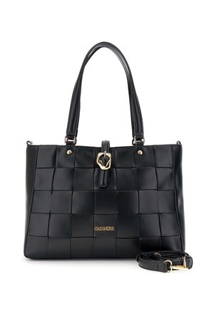 Czarna pleciona skórzana torebka z dwoma rączkami, złotym detalem klamry, odpinanym paskiem na ramię oraz subtelnym złotym logo na środku przodu.